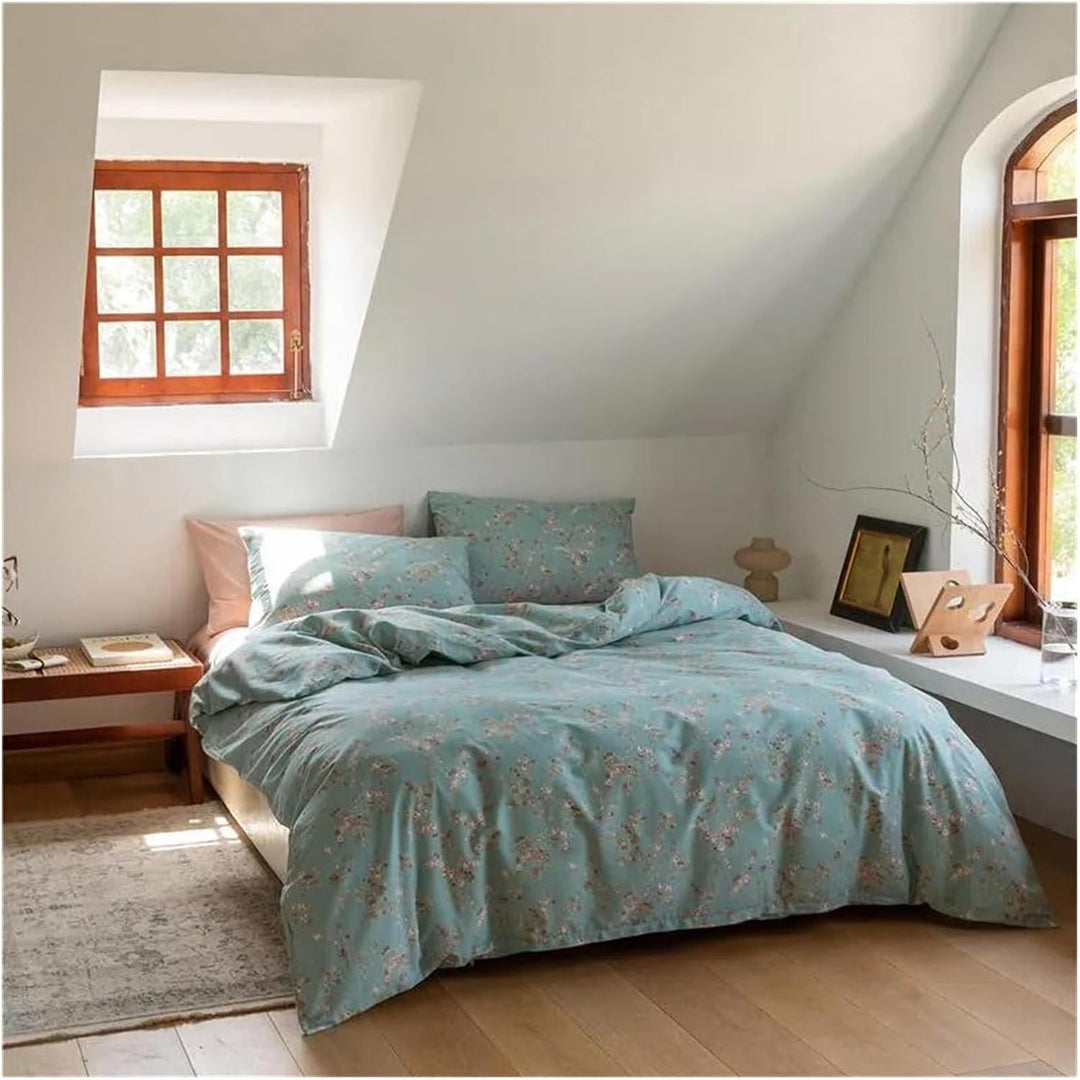 Full view of the VibeCore Aesthetic Blue Meadow Duvet Cover, showcasing its serene blue floral design and luxurious, soft cotton fabric, perfect for creating a peaceful, nature-inspired bedroom or dorm aesthetic.