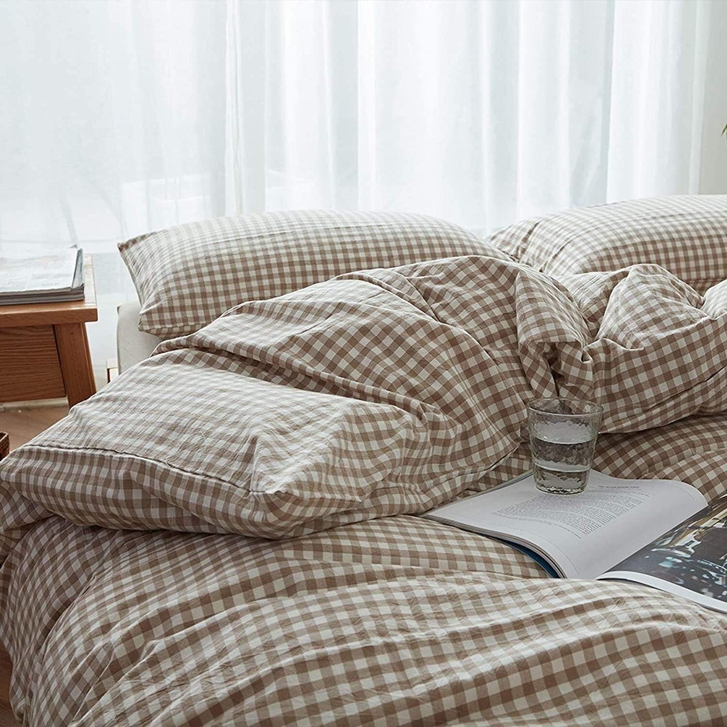 Close-up of the VibeCore Aesthetic Brown Gingham Duvet Cover Set, showcasing the classic brown gingham pattern with soft, textured fabric for a cozy and stylish addition to any bedroom or dorm.