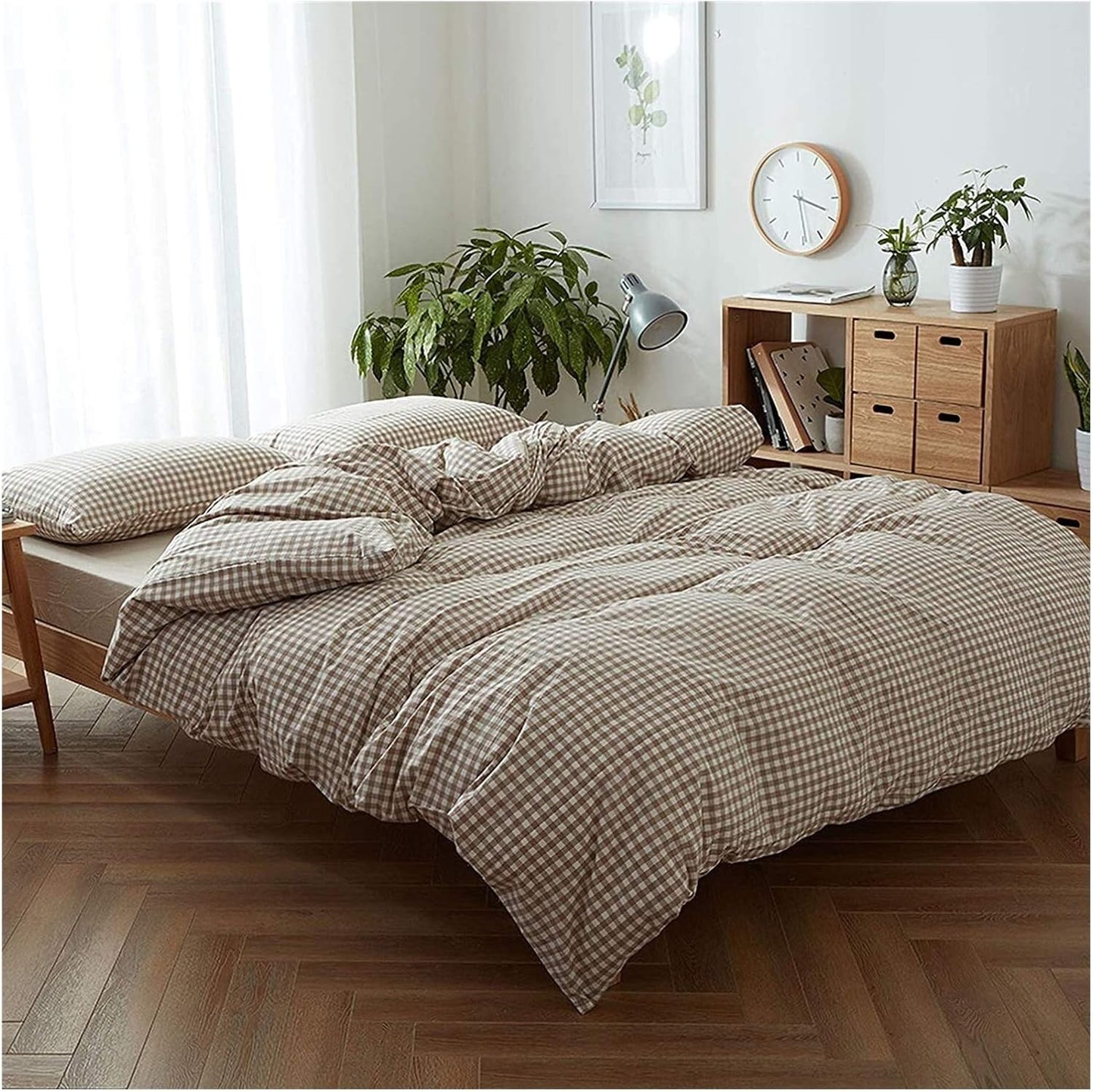 Full view of the VibeCore Aesthetic Brown Gingham Duvet Cover Set, featuring a classic brown gingham check pattern, perfect for creating a cozy, stylish bedroom aesthetic with a rustic touch.