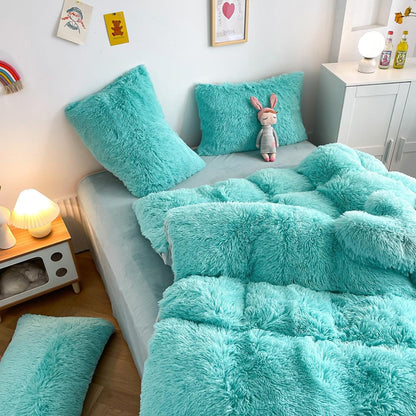 Alternative aerial view of the VibeCore Cloud9 Fleece Bedding Set in the color Aqua, showcasing ultra-soft fleece fabric for unmatched comfort and warmth. This vibrant bedding set adds a pop of color, cozy luxury, and modern style to your bedroom or dorm, creating the ultimate sleep environment.