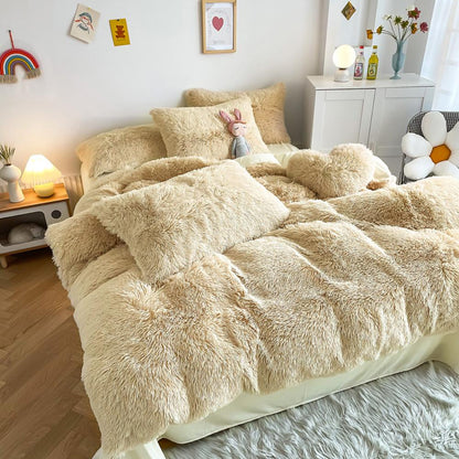 Alternative full side angle of the VibeCore Cloud 9 Bedding Set in the color Beige, featuring ultra-soft fleece fabric for ultimate comfort and luxurious warmth. This bedding set adds cozy style to your bedroom or dorm, perfect for creating a relaxing and inviting atmosphere.