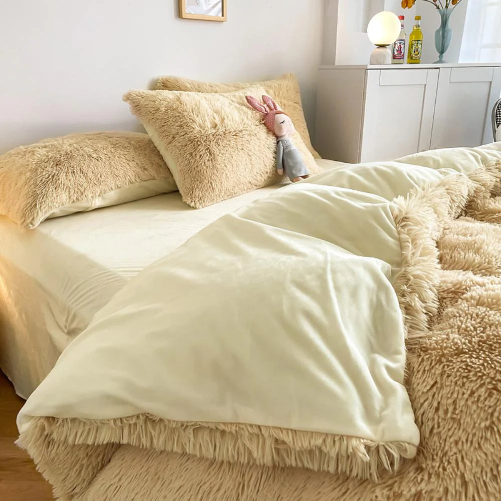 Close-up of the duvet cover from the VibeCore Cloud 9 Bedding Set in the color Beige, featuring ultra-soft fleece fabric for ultimate comfort and cozy luxury. Perfect for adding warmth, style, and a plush feel to your bedroom or dorm, ideal for sleeping or relaxing.