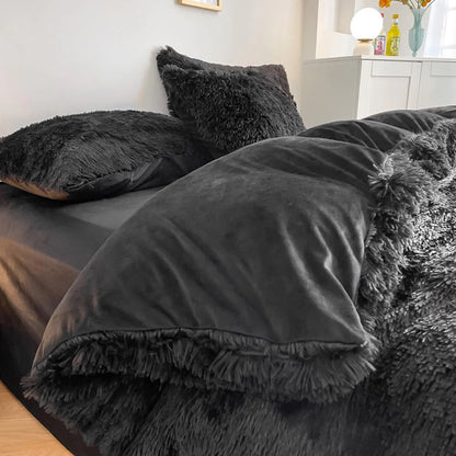 Close-up of the duvet cover from the VibeCore Cloud 9 Bedding Set in the color Black, featuring ultra-soft fleece fabric for ultimate comfort and cozy luxury. Perfect for adding warmth, style, and a plush feel to your bedroom or dorm, ideal for sleeping or relaxing.