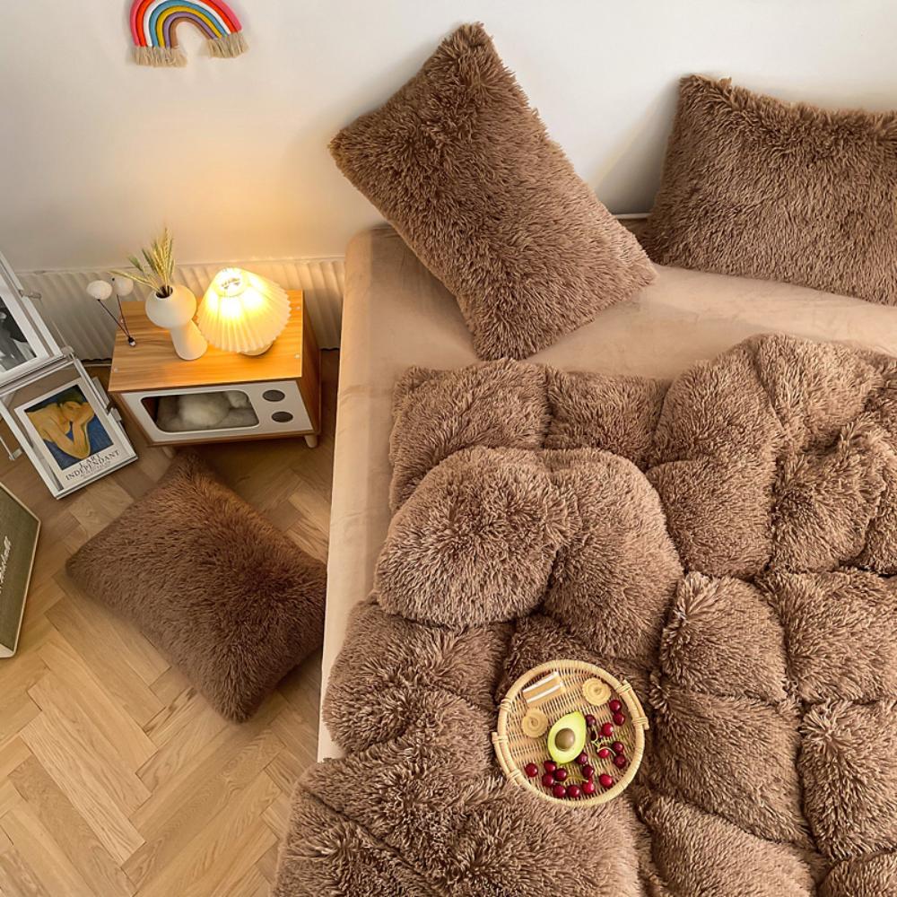 Alternative aerial view of the plush material of the VibeCore Cloud 9 Plush Bedding Set in the colour Brown, showcasing its ultra-soft fleece fabric for superior comfort and cozy warmth. Perfect for creating a luxurious, comfortable sleep environment and adding stylish elegance to your bedroom or dorm.

