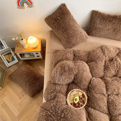 Alternative aerial view of the plush material of the VibeCore Cloud 9 Plush Bedding Set in the colour Brown, showcasing its ultra-soft fleece fabric for superior comfort and cozy warmth. Perfect for creating a luxurious, comfortable sleep environment and adding stylish elegance to your bedroom or dorm.
