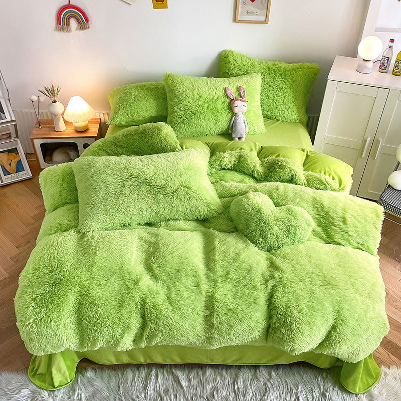 Aerial view of the VibeCore Cloud 9 Bedding Set in the color Green, made from ultra-soft fleece for ultimate comfort. Perfect for adding warmth, luxury, and cozy style to any bedroom or dorm. Ideal for lounging, relaxing, and enhancing your space with plush, durable bedding that’s machine washable and tumble-dry friendly.