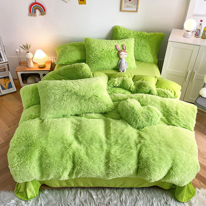 Aerial view of the VibeCore Cloud 9 Bedding Set in the color Green, made from ultra-soft fleece for ultimate comfort. Perfect for adding warmth, luxury, and cozy style to any bedroom or dorm. Ideal for lounging, relaxing, and enhancing your space with plush, durable bedding that’s machine washable and tumble-dry friendly.