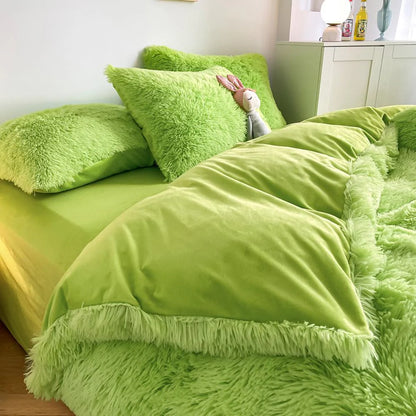 Close-up of the duvet cover from the VibeCore Cloud 9 Bedding Set in the color Green, featuring ultra-soft fleece fabric for ultimate comfort and cozy luxury. Perfect for adding warmth, style, and a plush feel to your bedroom or dorm, ideal for sleeping or relaxing.

