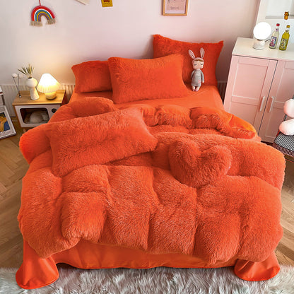 Aerial view of the VibeCore Cloud 9 Bedding Set in the color Orange, made from ultra-soft fleece for ultimate comfort. Perfect for adding warmth, luxury, and cozy style to any bedroom or dorm. Ideal for lounging, relaxing, and enhancing your space with plush, durable bedding that’s machine washable and tumble-dry friendly.