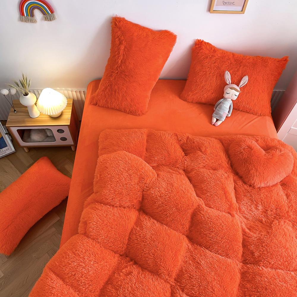 Alternative aerial view of the VibeCore Cloud9 Fleece Bedding Set in the color Orange, showcasing ultra-soft fleece fabric for unmatched comfort and warmth. This vibrant bedding set adds a pop of color, cozy luxury, and modern style to your bedroom or dorm, creating the ultimate sleep environment.