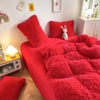 Alternative aerial view of the VibeCore Cloud9 Fleece Bedding Set in the color Red, showcasing ultra-soft fleece fabric for unmatched comfort and warmth. This vibrant bedding set adds a pop of color, cozy luxury, and modern style to your bedroom or dorm, creating the ultimate sleep environment.