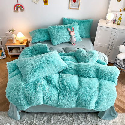 Aerial view of the VibeCore Cloud 9 Bedding Set in the color Aqua, made from ultra-soft fleece for ultimate comfort. Perfect for adding warmth, luxury, and cozy style to any bedroom or dorm. Ideal for lounging, relaxing, and enhancing your space with plush, durable bedding that’s machine washable and tumble-dry friendly.
