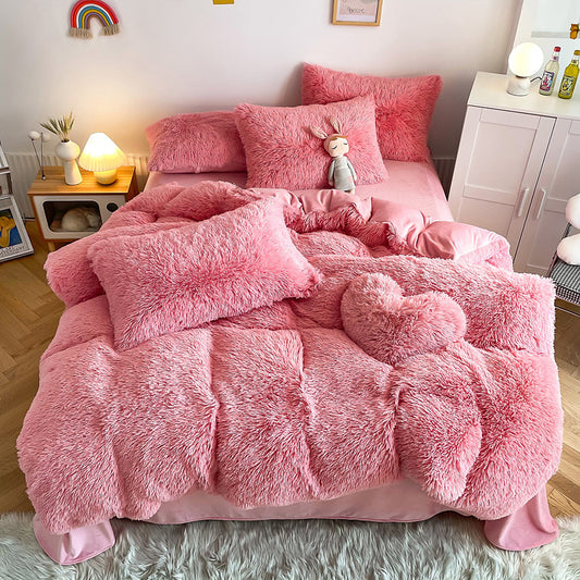 Aerial view of the VibeCore Cloud 9 Bedding Set in the color Pink, made from ultra-soft fleece for ultimate comfort. Perfect for adding warmth, luxury, and cozy style to any bedroom or dorm. Ideal for lounging, relaxing, and enhancing your space with plush, durable bedding that’s machine washable and tumble-dry friendly.