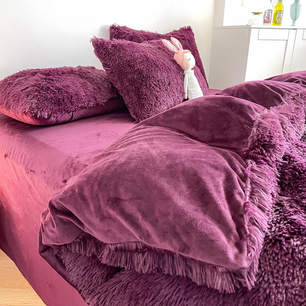 Close-up of the duvet cover from the VibeCore Cloud 9 Bedding Set in the color Purple, featuring ultra-soft fleece fabric for ultimate comfort and cozy luxury. Perfect for adding warmth, style, and a plush feel to your bedroom or dorm, ideal for sleeping or relaxing.
