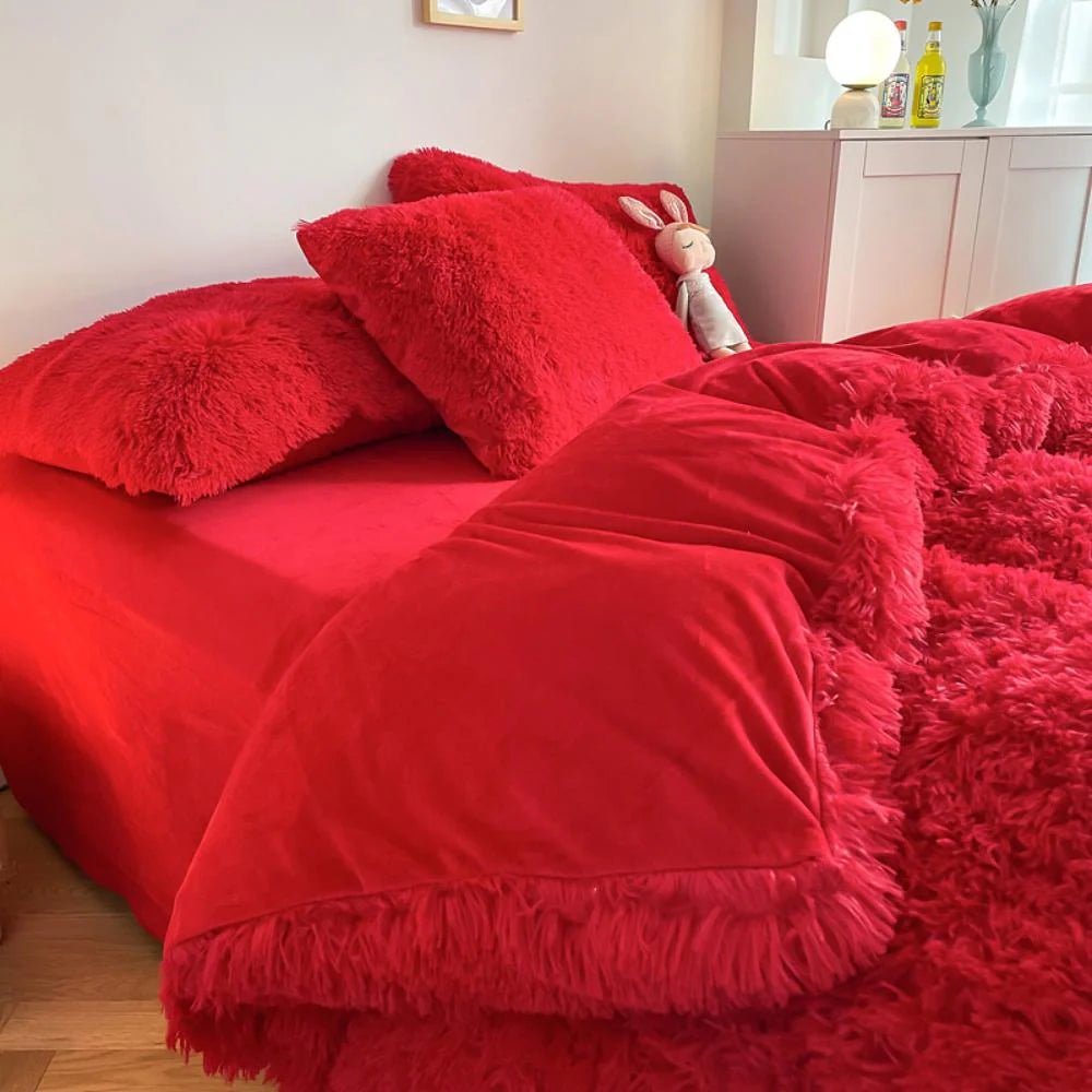 Close-up of the duvet cover from the VibeCore Cloud 9 Bedding Set in the color Red, featuring ultra-soft fleece fabric for ultimate comfort and cozy luxury. Perfect for adding warmth, style, and a plush feel to your bedroom or dorm, ideal for sleeping or relaxing.