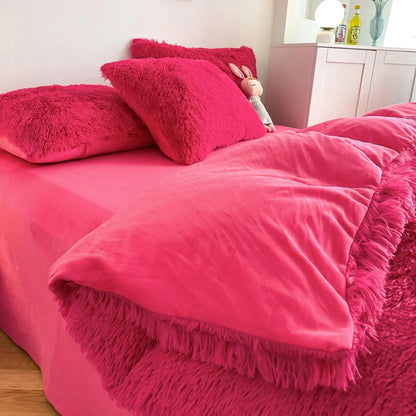 Close-up of the duvet cover from the VibeCore Cloud 9 Bedding Set in the color Rose Red, featuring ultra-soft fleece fabric for ultimate comfort and cozy luxury. Perfect for adding warmth, style, and a plush feel to your bedroom or dorm, ideal for sleeping or relaxing.