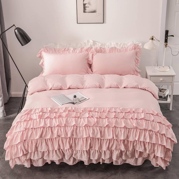 Aerial view of the VibeCore Aesthetic Elegant Ruffles Duvet Cover Set in baby pink, showcasing the delicate ruffle details and soft, breathable fabric. This dreamy, modern set adds a cozy and chic touch to any bedroom or dorm, perfect for ultimate comfort and style.