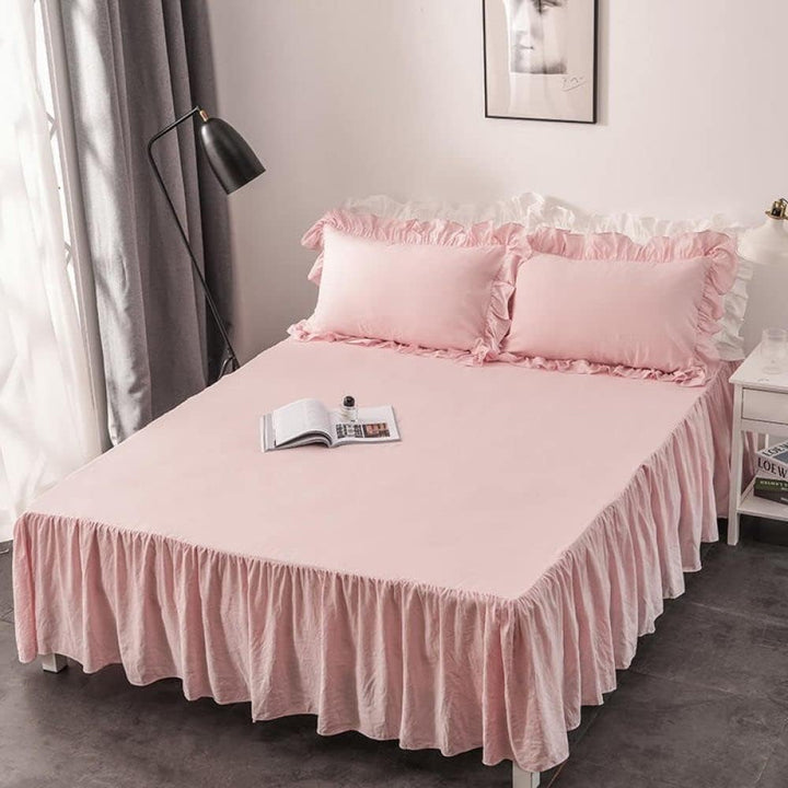 Close-up view of the sheet from the VibeCore Aesthetic Elegant Ruffles Duvet Cover Set in baby pink, featuring the soft, breathable fabric and subtle ruffle accents. A cozy and stylish addition to elevate the comfort and aesthetic of any bedroom or dorm.