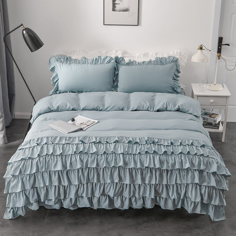 Aerial view of the VibeCore Aesthetic Elegant Ruffles Duvet Cover Set in pastel blue, showcasing the delicate ruffle details and soft, breathable fabric. This dreamy, modern set adds a cozy and chic touch to any bedroom or dorm, perfect for ultimate comfort and style.