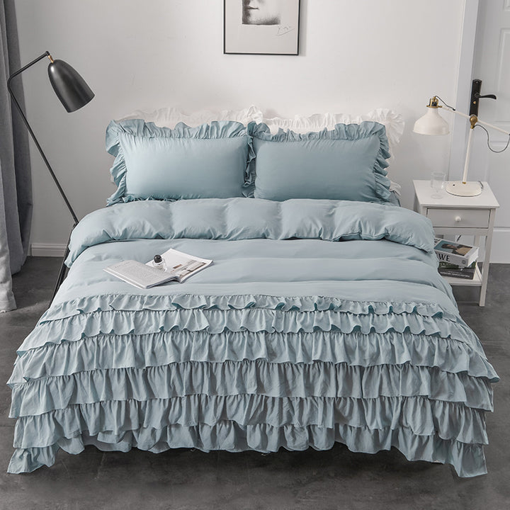 Aerial view of the VibeCore Aesthetic Elegant Ruffles Duvet Cover Set in pastel blue, showcasing the delicate ruffle details and soft, breathable fabric. This dreamy, modern set adds a cozy and chic touch to any bedroom or dorm, perfect for ultimate comfort and style.