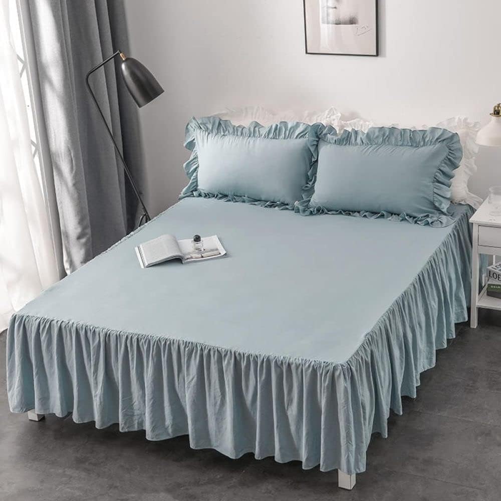 Close-up view of the sheet from the VibeCore Aesthetic Elegant Ruffles Duvet Cover Set in pastel blue, featuring the soft, breathable fabric and subtle ruffle accents. A cozy and stylish addition to elevate the comfort and aesthetic of any bedroom or dorm.