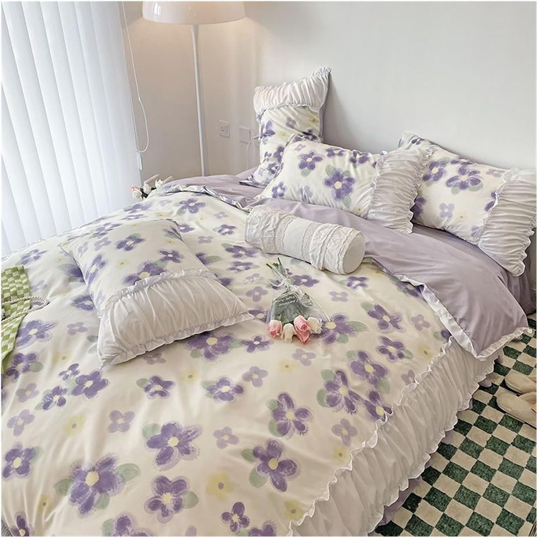 Aerial right view of the VibeCore Aesthetic Florals and Ruffles Pleated Edge Duvet Cover Set Iris, featuring a delicate floral pattern, elegant ruffled pleated edges, and soft fabric, creating a cozy, stylish atmosphere for your bedroom decor.