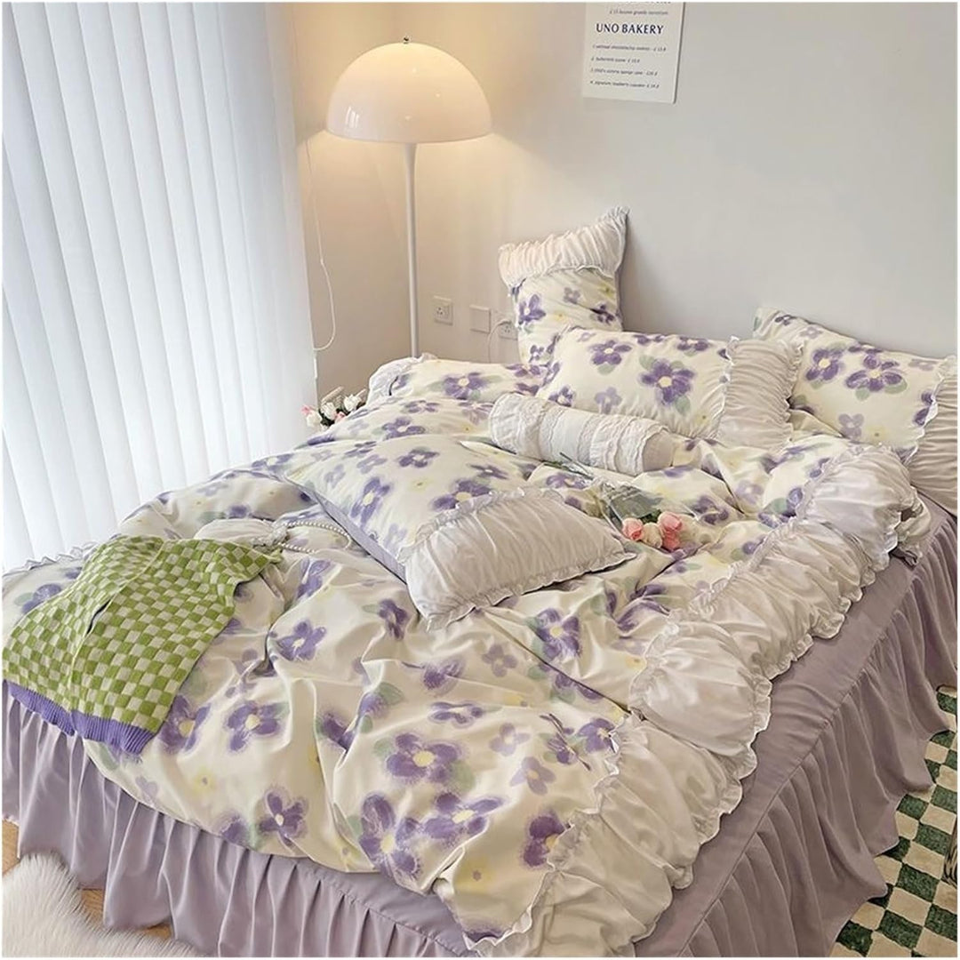 Angled aerial view of the VibeCore Aesthetic Florals and Ruffles Pleated Edge Duvet Cover Set Iris, showcasing a charming floral design, soft ruffled pleated edges, and a cozy, inviting atmosphere for your bedroom or dorm room decor.