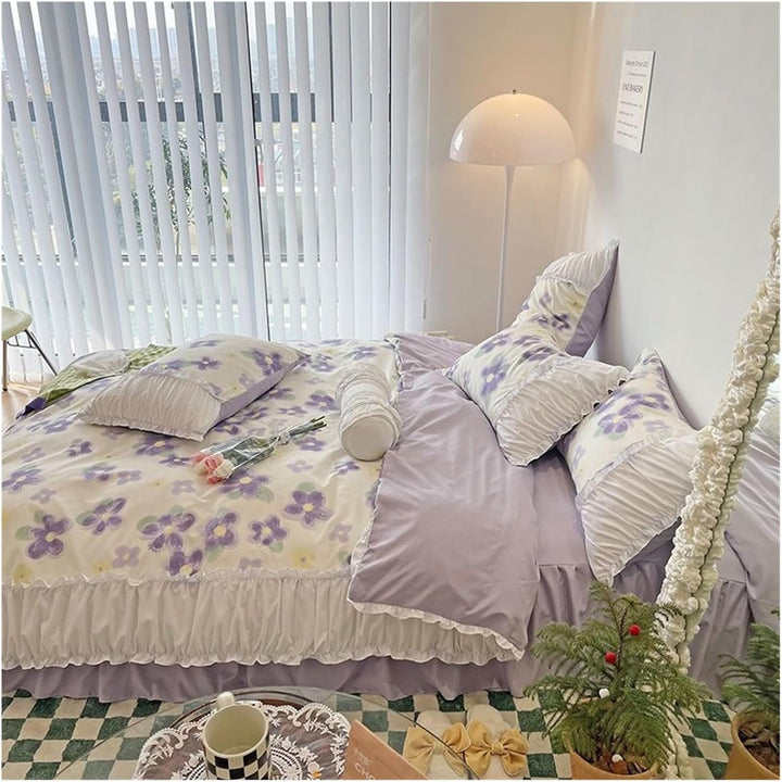 Right side view of the VibeCore Aesthetic Florals and Ruffles Pleated Edge Duvet Cover Set Iris, showcasing the elegant floral design, ruffled pleated edges, and soft, inviting textures, perfect for enhancing your bedroom aesthetic.