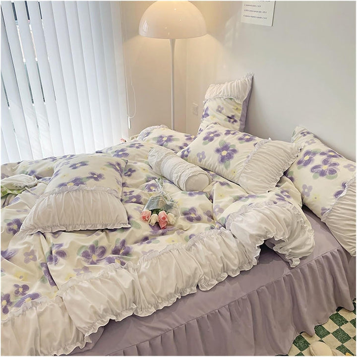 Side view of the VibeCore Aesthetic Florals and Ruffles Pleated Edge Duvet Cover Set, showcasing its delicate iris floral print with elegant ruffles and pleated edges, offering a soft and romantic touch to your bedroom.