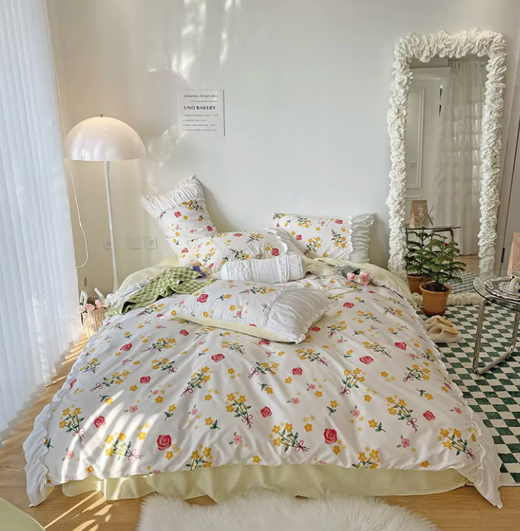 Aerial view of the VibeCore Aesthetic Florals and Ruffles Pleated Edge Duvet Cover Set featuring vibrant roses prints, accented with delicate ruffles and pleated edges for a charming, feminine touch to your bedroom decor.
