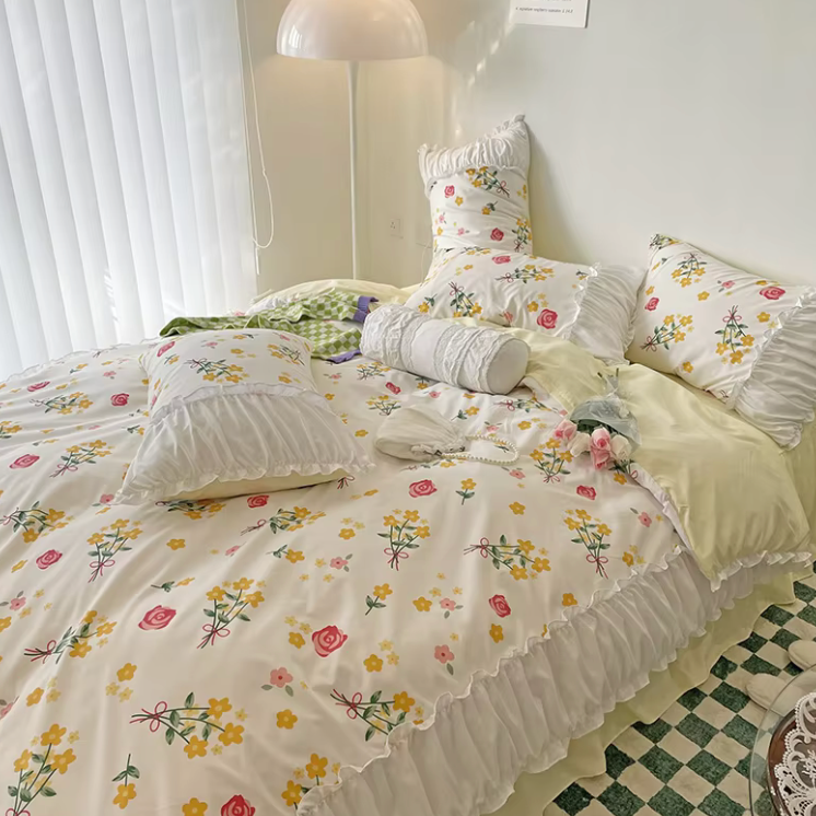Side view of the VibeCore Aesthetic Florals and Ruffles Pleated Edge Duvet Cover Set, showcasing its delicate rose floral print with elegant ruffles and pleated edges, offering a soft and romantic touch to your bedroom.

