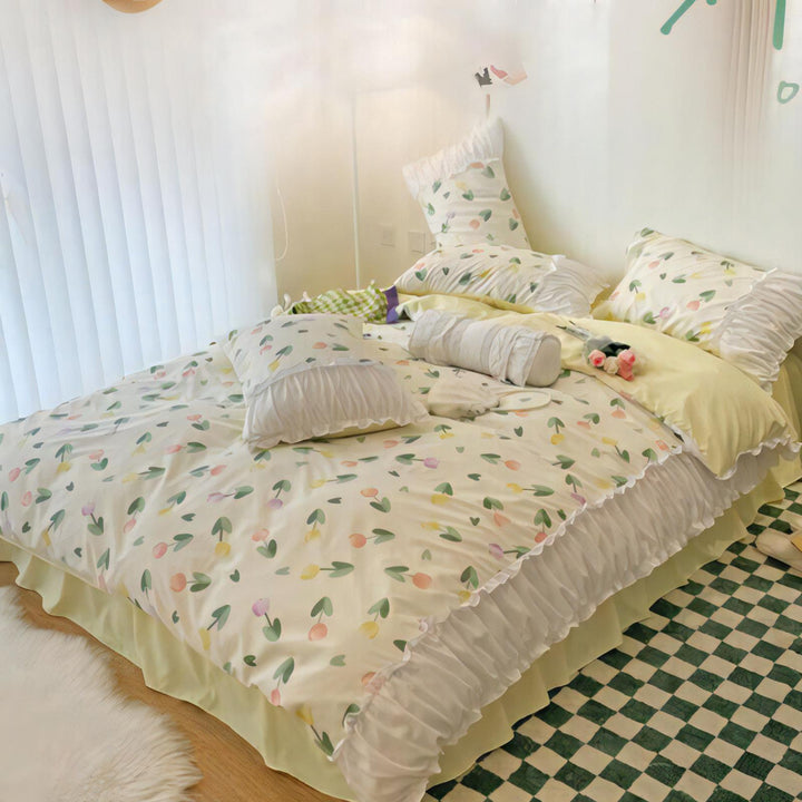 Aerial right view of the VibeCore Aesthetic Florals and Ruffles Pleated Edge Duvet Cover Set, showcasing the delicate tulip floral pattern and ruffled pleated edges, creating a soft and elegant atmosphere in any bedroom.