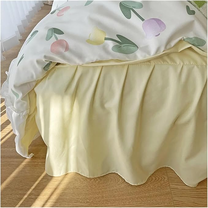 Close-up of the sheet from the VibeCore Aesthetic Florals and Ruffles Pleated Edge Duvet Cover Set, featuring a soft tulip floral design and elegant ruffled detailing, perfect for adding a fresh, feminine touch to your bedroom decor.