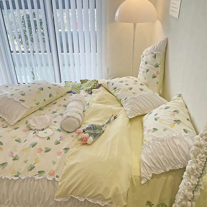 Side view of the VibeCore Aesthetic Florals and Ruffles Pleated Edge Duvet Cover Set, showcasing its delicate tulip floral print with elegant ruffles and pleated edges, offering a soft and romantic touch to your bedroom.