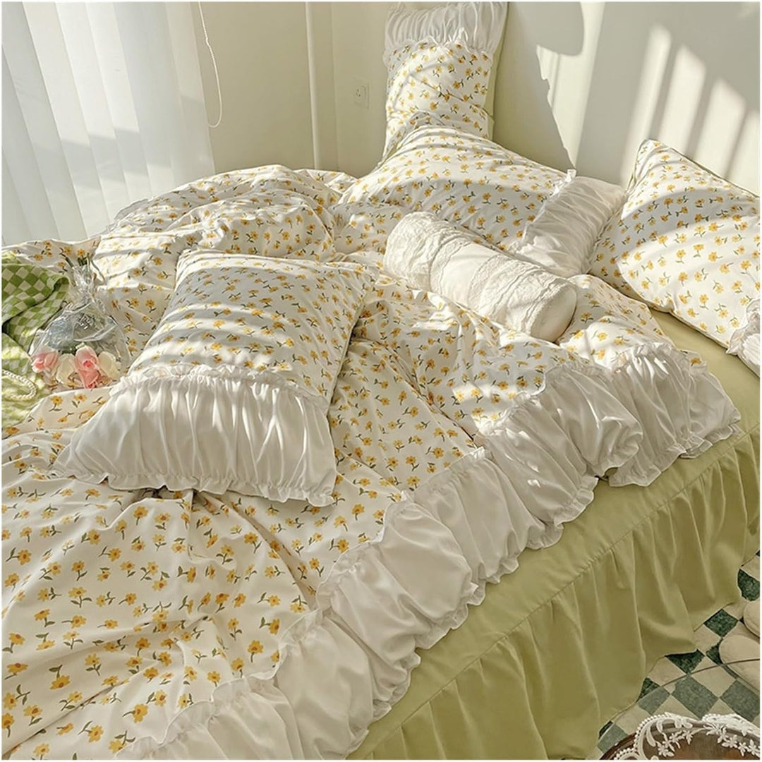 Aerial right view of the VibeCore Aesthetic Florals and Ruffles Pleated Edge Duvet Cover Set, showcasing the delicate yellow daisy floral pattern and ruffled pleated edges, creating a soft and elegant atmosphere in any bedroom.