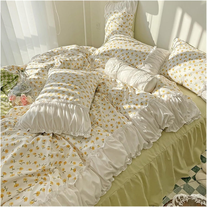 Aerial right view of the VibeCore Aesthetic Florals and Ruffles Pleated Edge Duvet Cover Set, showcasing the delicate yellow daisy floral pattern and ruffled pleated edges, creating a soft and elegant atmosphere in any bedroom.