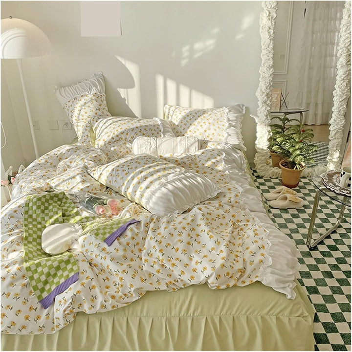 Aerial view of the VibeCore Aesthetic Florals and Ruffles Pleated Edge Duvet Cover Set featuring vibrant yellow daisy prints, accented with delicate ruffles and pleated edges for a charming, feminine touch to your bedroom decor.
