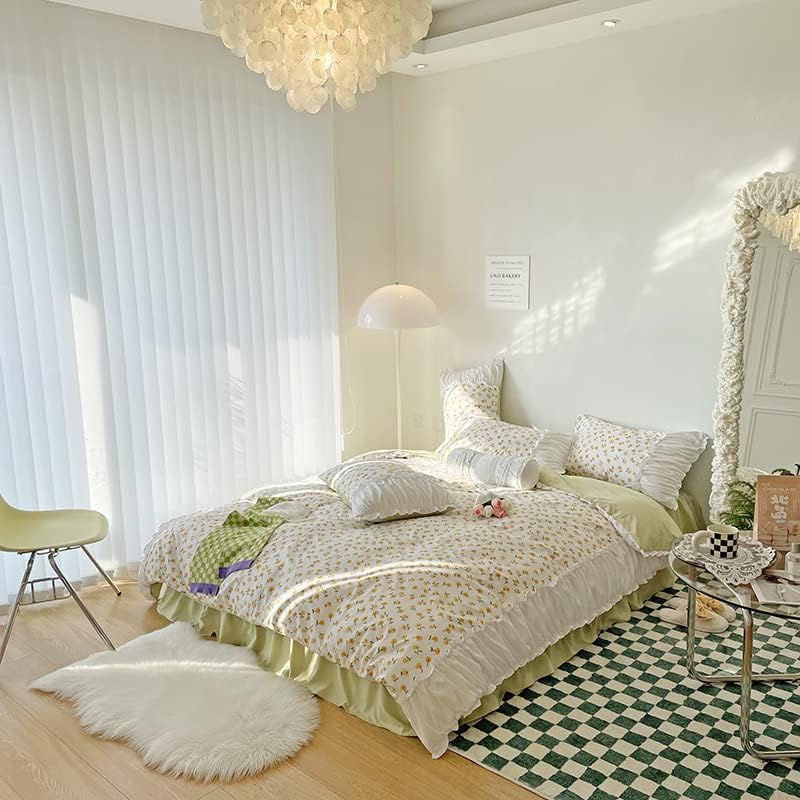 Full aerial view of the VibeCore Aesthetic Florals and Ruffles Pleated Edge Duvet Cover Set, showcasing bright yellow daisies and soft ruffled edges, creating a fresh, floral aesthetic perfect for any bedroom.