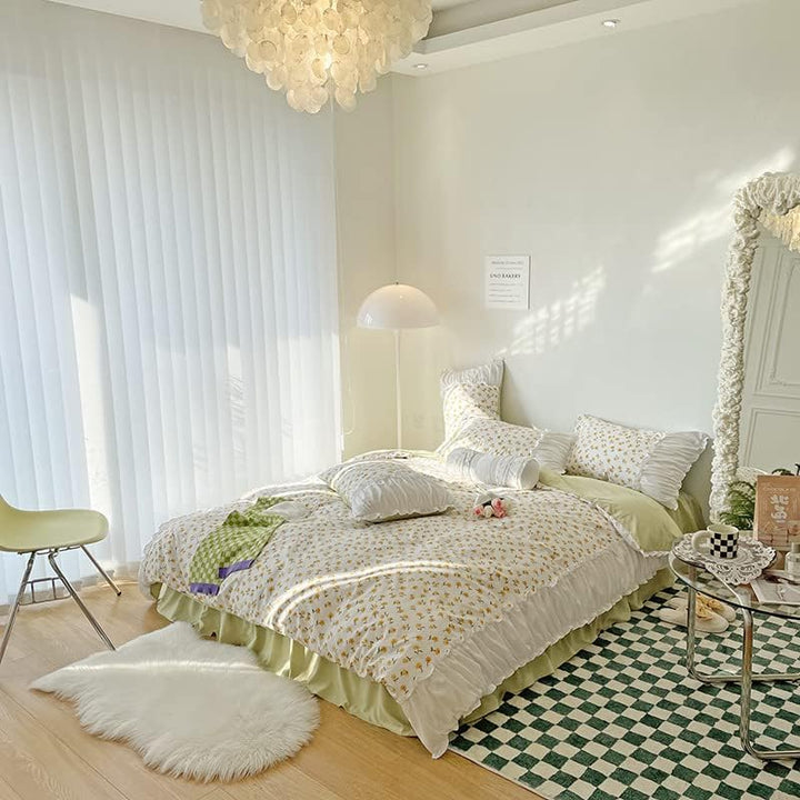 Full aerial view of the VibeCore Aesthetic Florals and Ruffles Pleated Edge Duvet Cover Set, showcasing bright yellow daisies and soft ruffled edges, creating a fresh, floral aesthetic perfect for any bedroom.