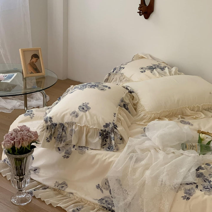 Side view close-up of the VibeCore Aesthetic Flower Ink French Ruffles Duvet Cover Set, showcasing the intricate floral ink pattern and delicate French ruffles, blending elegance with a soft, vintage-inspired aesthetic for your bedroom or dorm.
