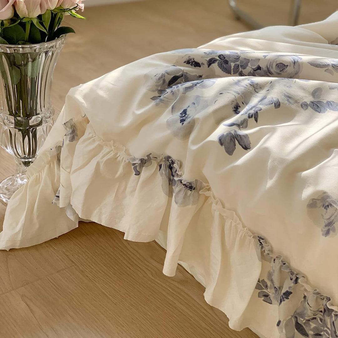 Close-up of the edge details of the VibeCore Aesthetic Flower Ink French Ruffles Duvet Cover Set, highlighting the delicate French ruffles and fine stitching that add a touch of sophistication and charm to the floral ink pattern.