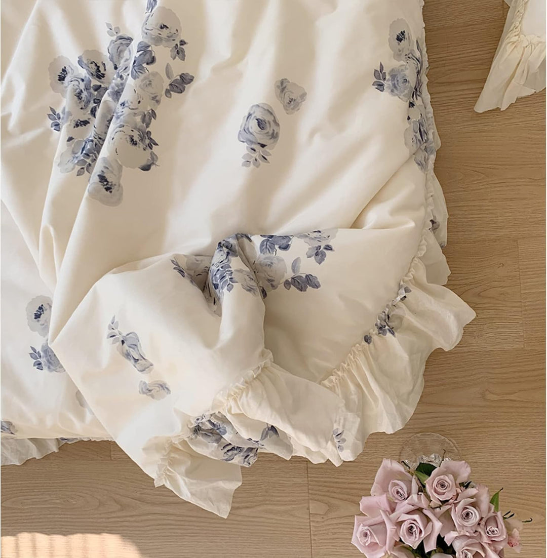 Close-up view of the French ruffle detail on the VibeCore Aesthetic Flower Ink French Ruffles Duvet Cover Set, showcasing the soft, textured ruffles that enhance the elegant floral ink design for a sophisticated and cozy touch.