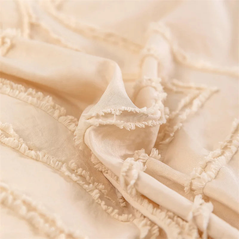 Close-up view of the luxurious beige material of the VibeCore Aesthetic Free Spirit Tufted Duvet Cover Set, highlighting its soft texture and intricate tufted design, offering both comfort and style for a boho-inspired bedroom or dorm.