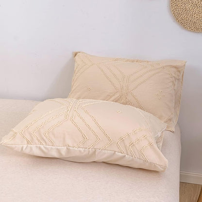 Beige pillowcases from the VibeCore Aesthetic Free Spirit Tufted Duvet Cover Set, showcasing the plush tufted texture and soft, cozy fabric that complements the boho-chic vibe of your bedroom decor.
