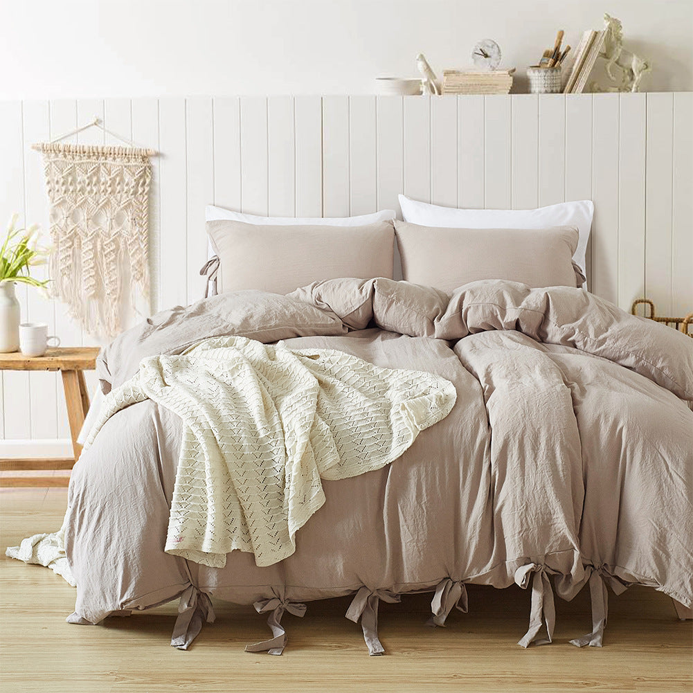 Aerial view of the VibeCore Aesthetic Knot So Ordinary Duvet Cover Set in beige, featuring a unique knot texture and soft, pastel color that adds a touch of modern charm and cozy elegance to your bedroom or dorm.