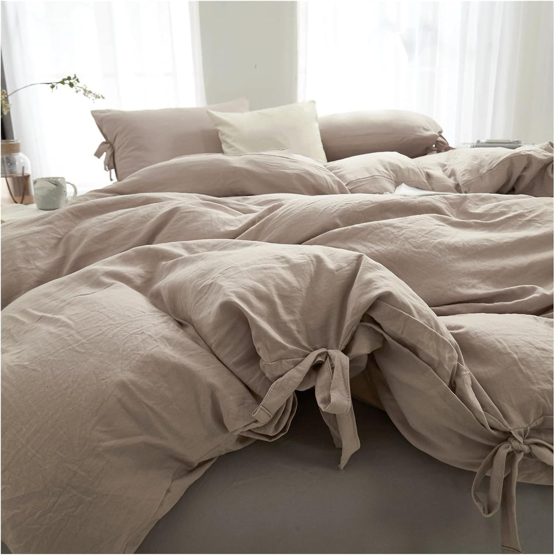 Full view of the VibeCore Aesthetic Knot So Ordinary Duvet Cover Set in beige, featuring a minimalist design with elegant knot details, perfect for creating a cozy and modern aesthetic in any bedroom or dorm.