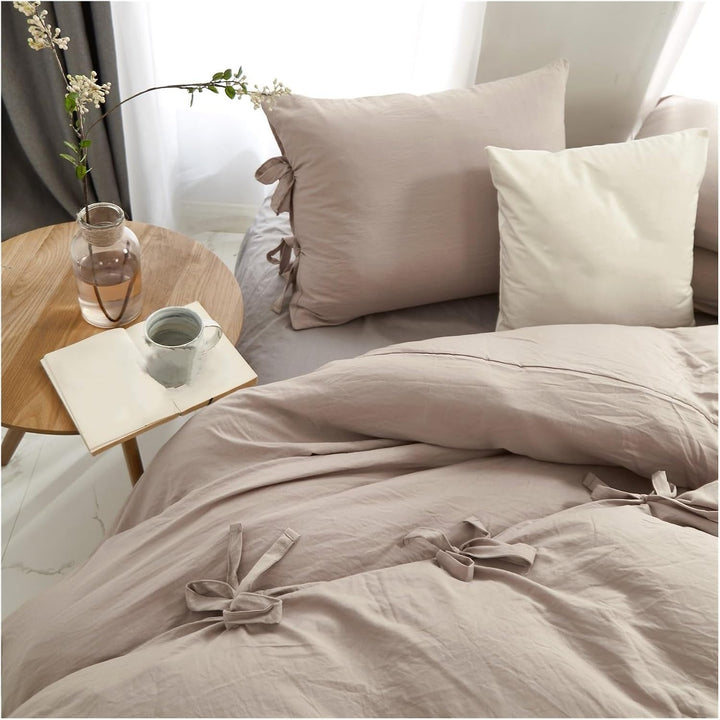 Close-up left aerial view of the VibeCore Aesthetic Knot So Ordinary Duvet Cover Set in beige, highlighting the intricate knot detail and soft texture, perfect for creating a chic and cozy bedroom or dorm vibe.