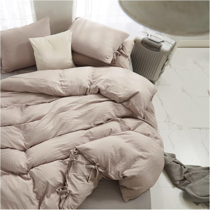 Right aerial view of the VibeCore Aesthetic Knot So Ordinary Duvet Cover Set in beige, showcasing its unique knot detailing and smooth texture, adding a modern, cozy touch to your bedroom or dorm decor.