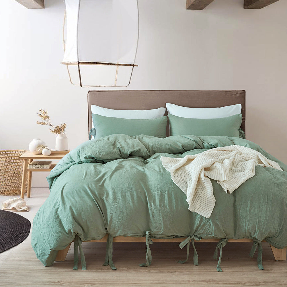 Aerial view of the VibeCore Aesthetic Knot So Ordinary Duvet Cover Set in pastel green, featuring a unique knot texture and soft, pastel color that adds a touch of modern charm and cozy elegance to your bedroom or dorm.