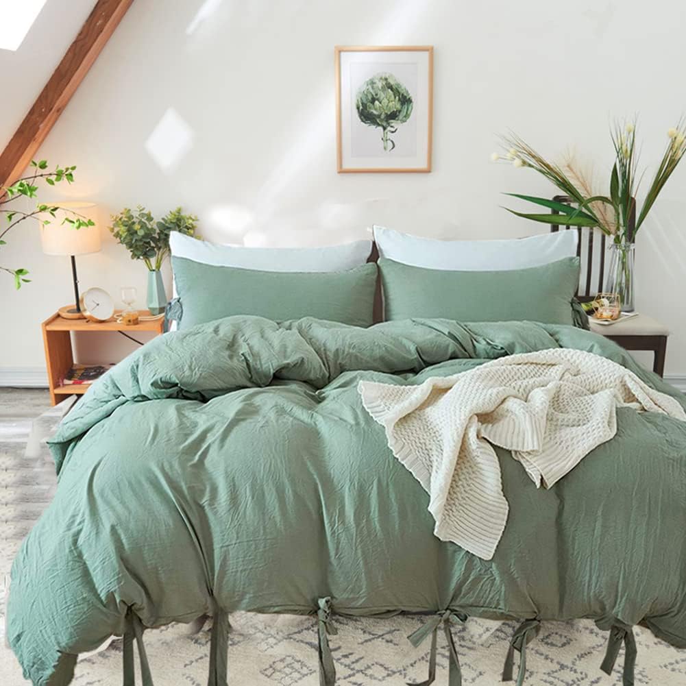 Aerial view of the VibeCore Aesthetic Knot So Ordinary Duvet Cover Set in pastel green, showcasing its soft fabric, smooth finish, and trendy knot detailing that adds a unique touch to your bedroom or dorm decor.
